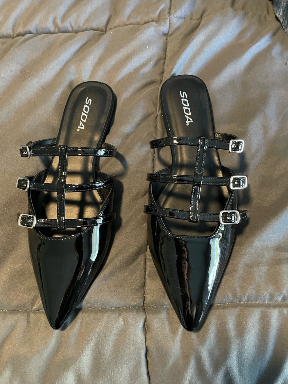 Soda Black Patent Pointed Toe Triple Buckle Mules